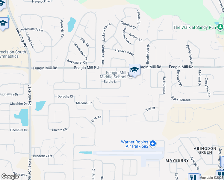map of restaurants, bars, coffee shops, grocery stores, and more near 1573 Sweetwater Drive in Warner Robins