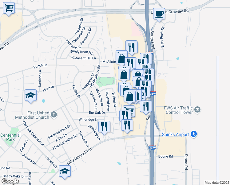 map of restaurants, bars, coffee shops, grocery stores, and more near 922 Walnut Street in Burleson