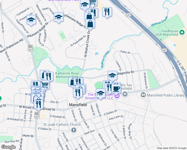 map of restaurants, bars, coffee shops, grocery stores, and more near 1003 Magnolia Street in Mansfield
