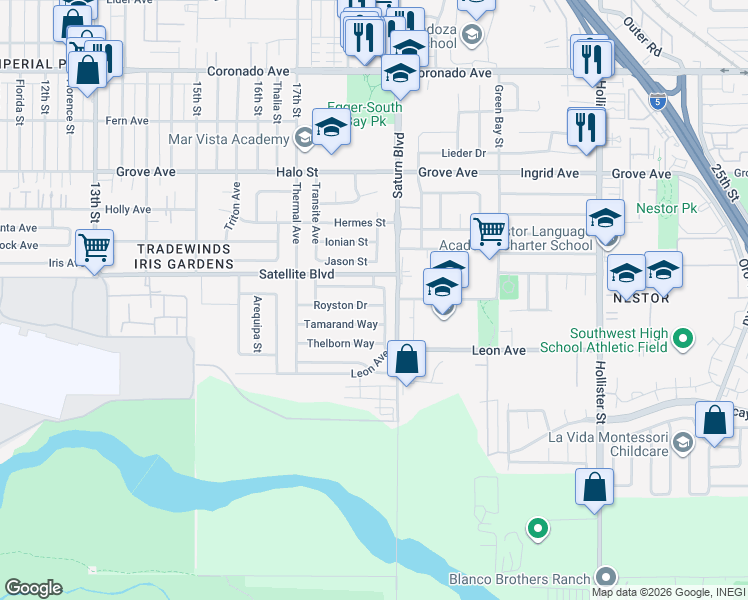 map of restaurants, bars, coffee shops, grocery stores, and more near 1864 Royston Drive in San Diego