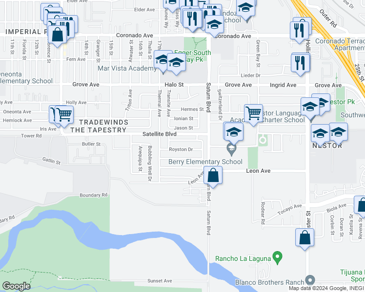 map of restaurants, bars, coffee shops, grocery stores, and more near 1792 Royston Drive in San Diego