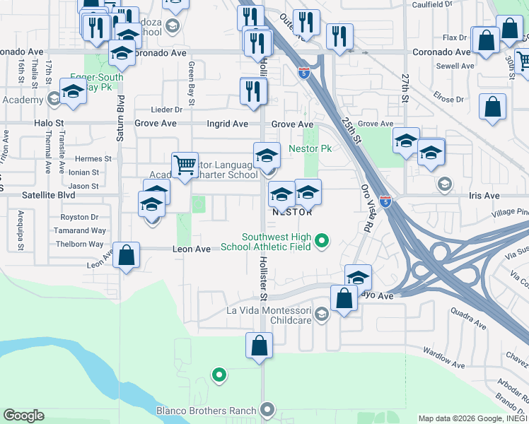 map of restaurants, bars, coffee shops, grocery stores, and more near 1501-1599 Hollister Street in San Diego
