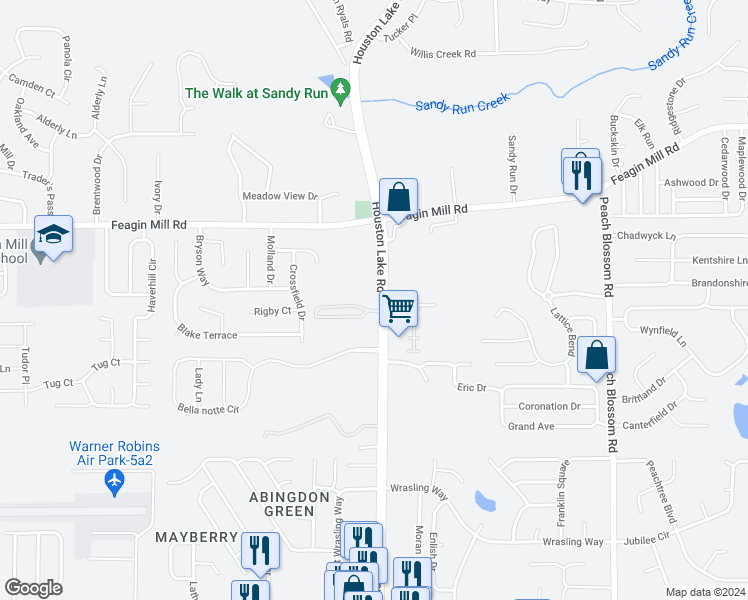 map of restaurants, bars, coffee shops, grocery stores, and more near 1217 South Houston Lake Road in Warner Robins