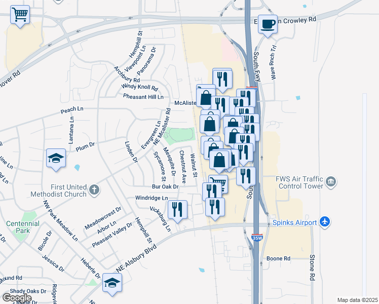 map of restaurants, bars, coffee shops, grocery stores, and more near 929 Walnut Street in Burleson