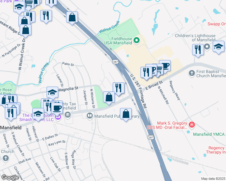 map of restaurants, bars, coffee shops, grocery stores, and more near 16 Shady Valley Court in Mansfield