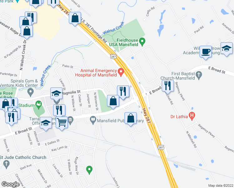 map of restaurants, bars, coffee shops, grocery stores, and more near 15 Shady Valley Court in Mansfield