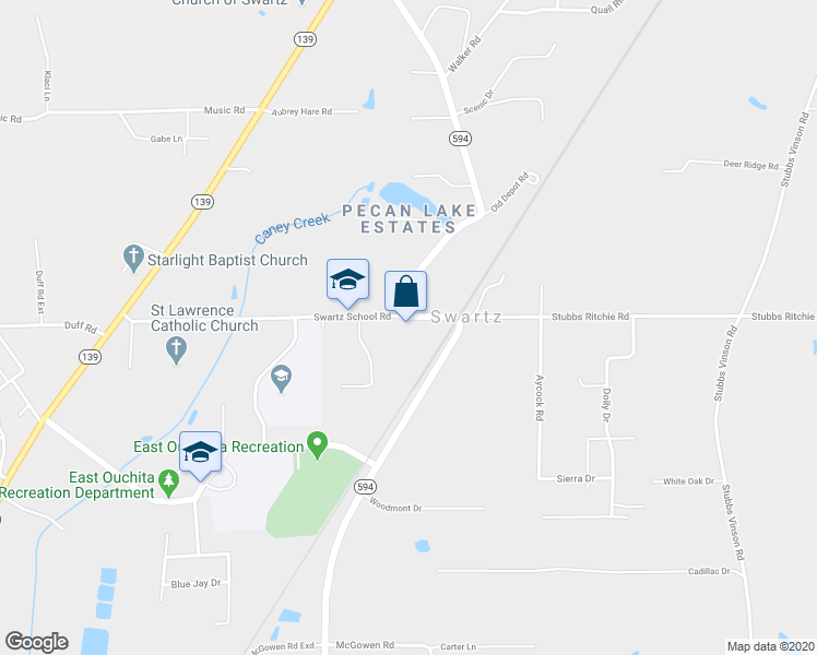 map of restaurants, bars, coffee shops, grocery stores, and more near 3163 Highway 594 in Monroe