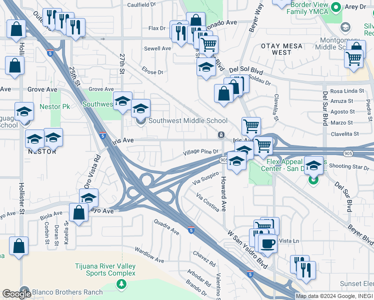 map of restaurants, bars, coffee shops, grocery stores, and more near 1548 Monterey Park Drive in San Diego