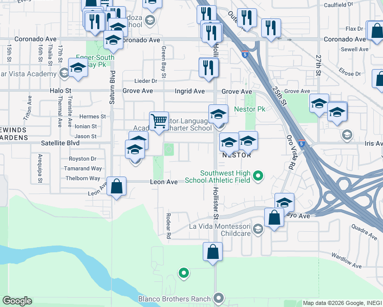 map of restaurants, bars, coffee shops, grocery stores, and more near 1547 Albata Court in San Diego