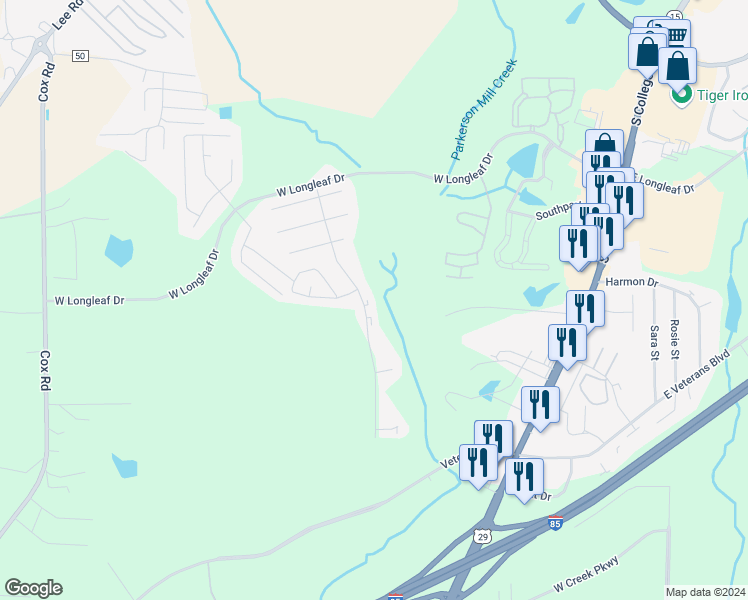 map of restaurants, bars, coffee shops, grocery stores, and more near Downs Way in Auburn