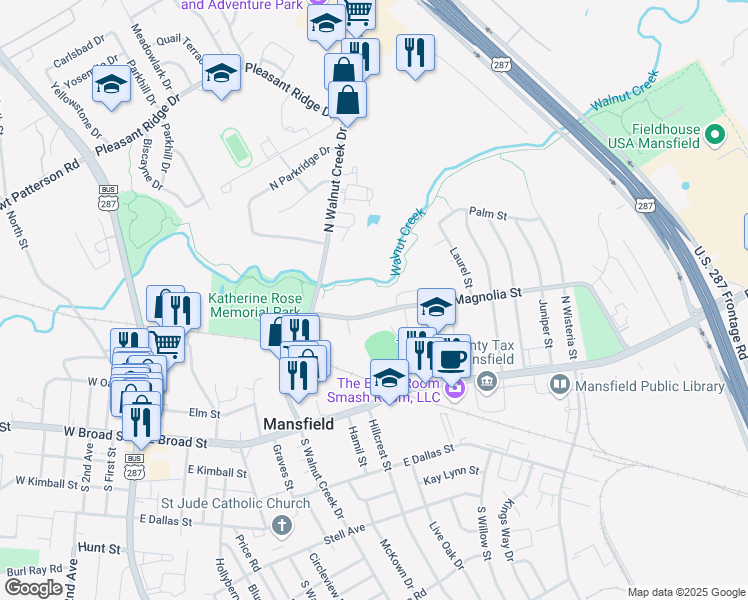 map of restaurants, bars, coffee shops, grocery stores, and more near 1003 Magnolia Street in Mansfield