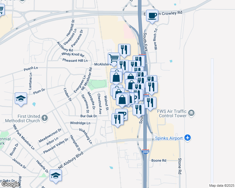 map of restaurants, bars, coffee shops, grocery stores, and more near 1173 North Burleson Boulevard in Burleson
