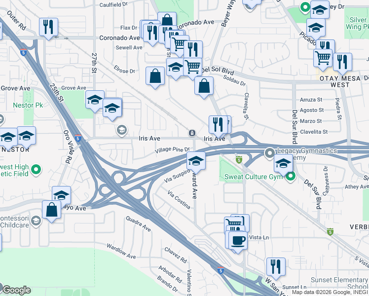 map of restaurants, bars, coffee shops, grocery stores, and more near 3074 Village Pine Drive in San Diego