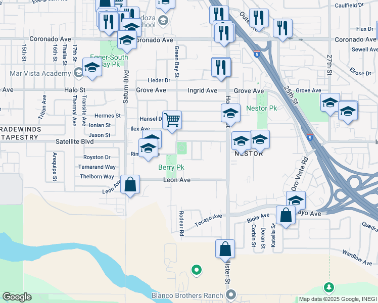 map of restaurants, bars, coffee shops, grocery stores, and more near 1575 Oakden Drive in San Diego