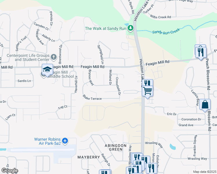 map of restaurants, bars, coffee shops, grocery stores, and more near 208 Rigby Court in Warner Robins