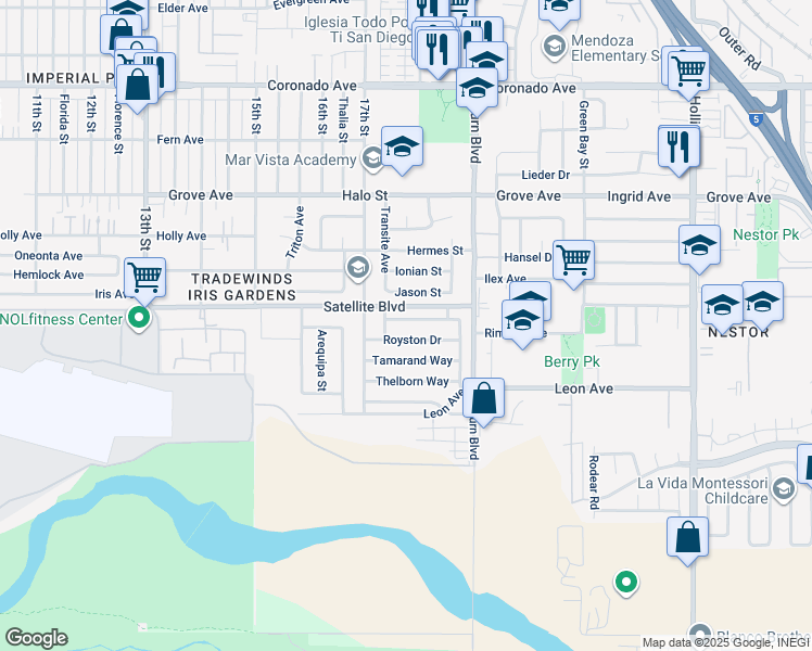 map of restaurants, bars, coffee shops, grocery stores, and more near 1771 Wolviston Way in San Diego