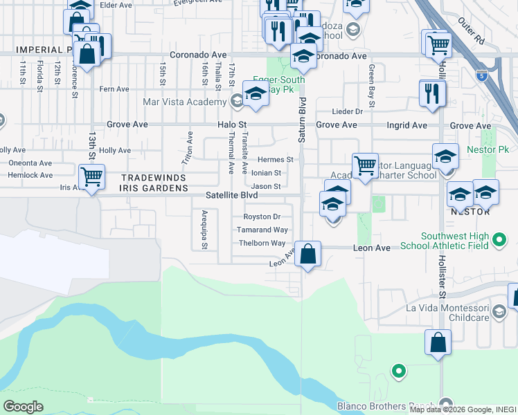 map of restaurants, bars, coffee shops, grocery stores, and more near 1771 Wolviston Way in San Diego