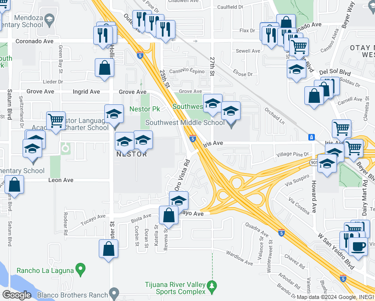 map of restaurants, bars, coffee shops, grocery stores, and more near 1300 Oro Vista Road in San Diego