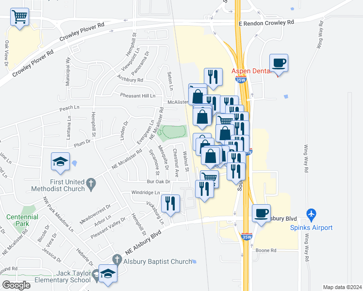 map of restaurants, bars, coffee shops, grocery stores, and more near 937 Walnut Street in Burleson