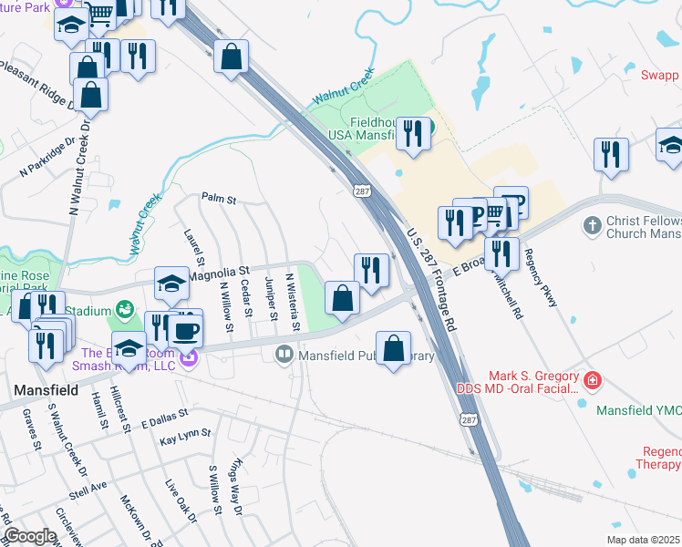 map of restaurants, bars, coffee shops, grocery stores, and more near 16 Shady Valley Court in Mansfield