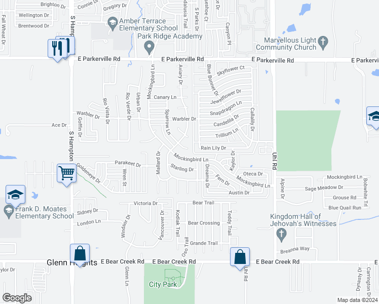 map of restaurants, bars, coffee shops, grocery stores, and more near 1321 Sparrow Court in DeSoto