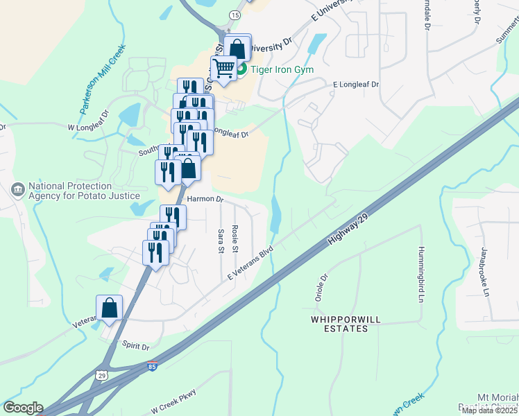map of restaurants, bars, coffee shops, grocery stores, and more near 193 Padgett Court in Auburn