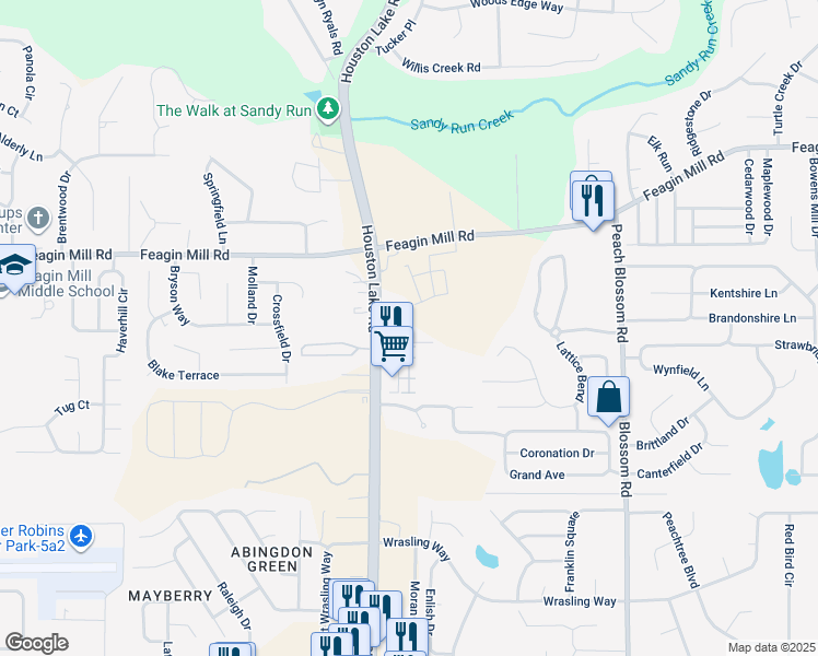 map of restaurants, bars, coffee shops, grocery stores, and more near 100 Lochlyn Place in Warner Robins