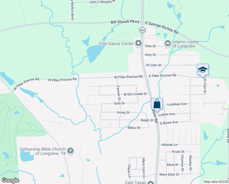 map of restaurants, bars, coffee shops, grocery stores, and more near 306 West Elm Creek Drive in Longview