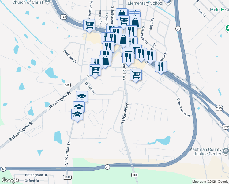map of restaurants, bars, coffee shops, grocery stores, and more near 704 Cates Drive in Kaufman