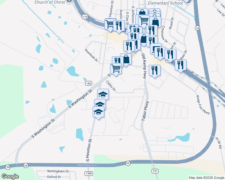 map of restaurants, bars, coffee shops, grocery stores, and more near 412 Cates Drive in Kaufman