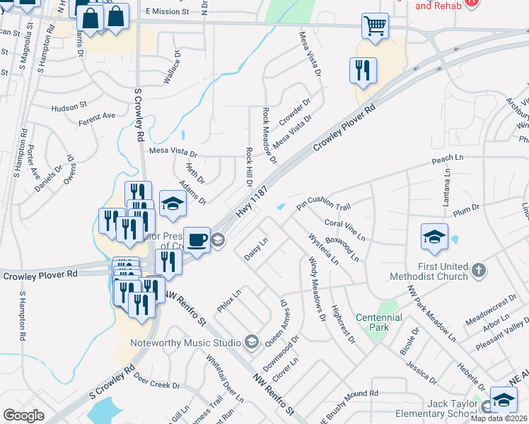 map of restaurants, bars, coffee shops, grocery stores, and more near 1512 Daisy Lane in Burleson