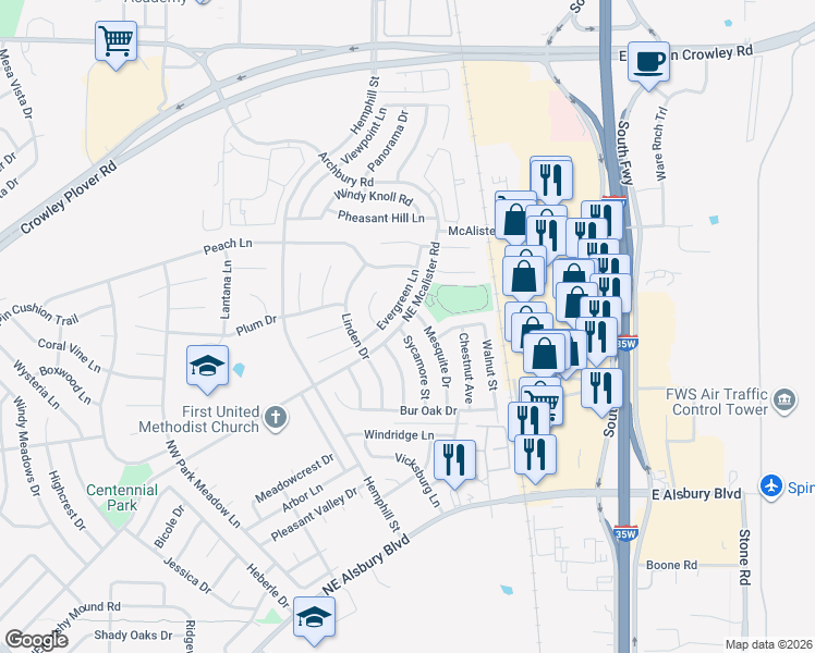 map of restaurants, bars, coffee shops, grocery stores, and more near 1016 Sycamore Street in Burleson