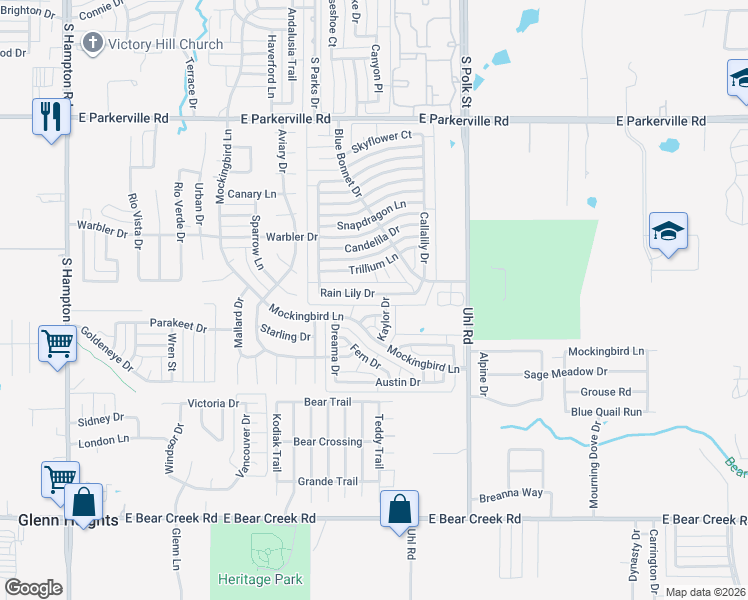 map of restaurants, bars, coffee shops, grocery stores, and more near 644 Rain Lily Drive in DeSoto