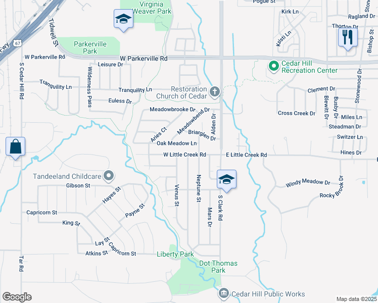 map of restaurants, bars, coffee shops, grocery stores, and more near 207 West Little Creek Road in Cedar Hill