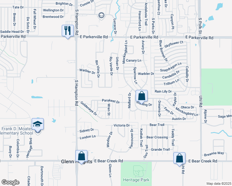 map of restaurants, bars, coffee shops, grocery stores, and more near 337 Parakeet Drive in DeSoto