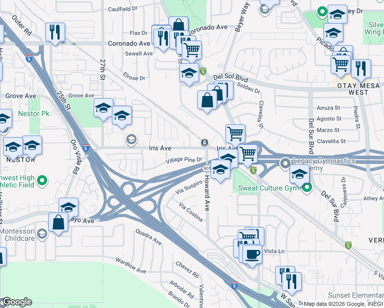 map of restaurants, bars, coffee shops, grocery stores, and more near 3074 Village Pine Drive in San Diego