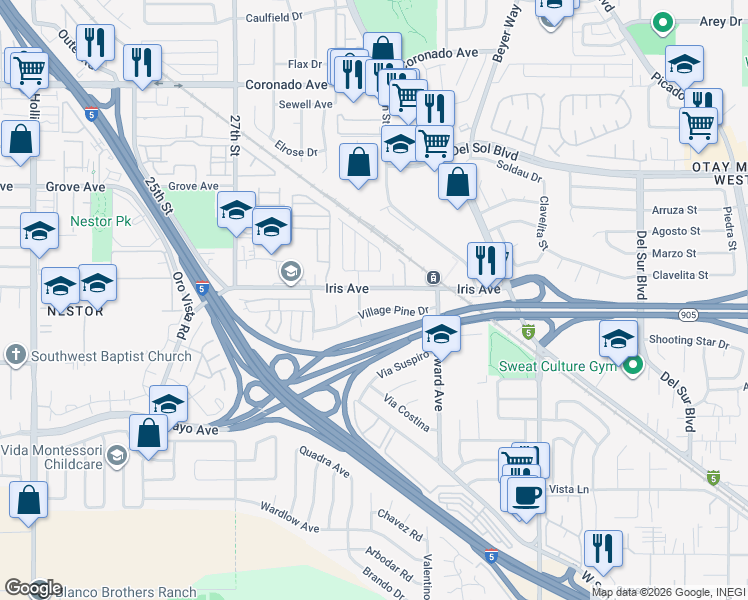 map of restaurants, bars, coffee shops, grocery stores, and more near 3013 Village Pine Drive in San Diego