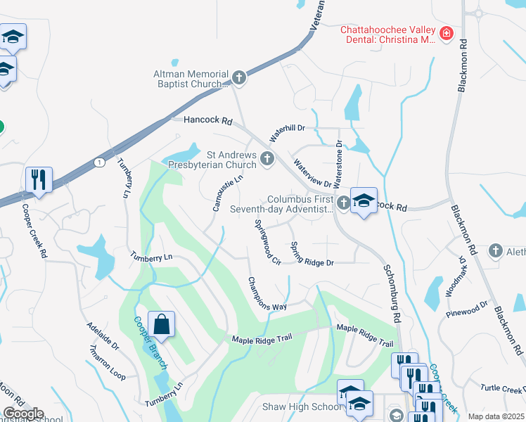 map of restaurants, bars, coffee shops, grocery stores, and more near 4893 Springwood Circle in Columbus