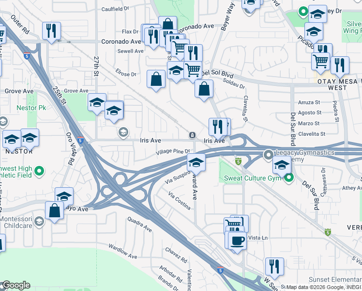 map of restaurants, bars, coffee shops, grocery stores, and more near 3015 Iris Avenue in San Diego