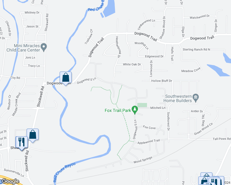 map of restaurants, bars, coffee shops, grocery stores, and more near 111 Red Fox Circle in Haughton
