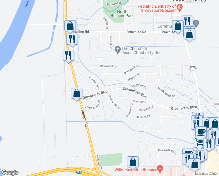 map of restaurants, bars, coffee shops, grocery stores, and more near 219 Greenacres Boulevard in Bossier City