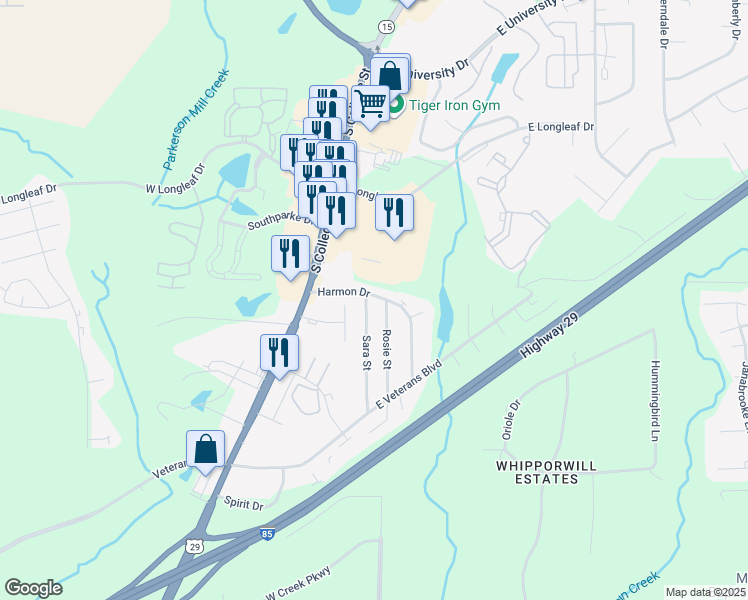map of restaurants, bars, coffee shops, grocery stores, and more near 164 Harmon Drive in Auburn