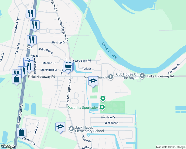 map of restaurants, bars, coffee shops, grocery stores, and more near 110 York Drive in Monroe