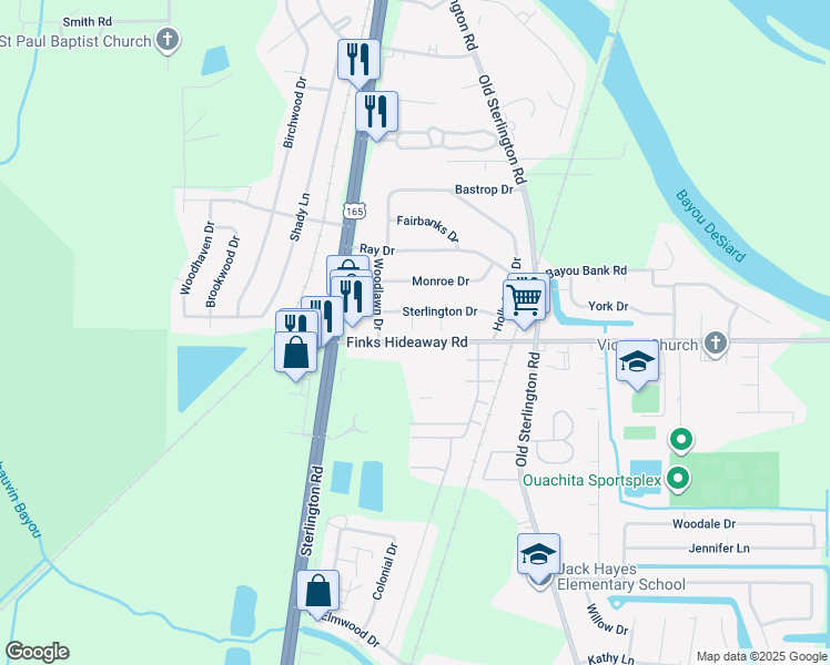 map of restaurants, bars, coffee shops, grocery stores, and more near 202 Sterlington Drive in Monroe