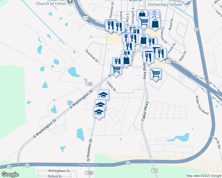 map of restaurants, bars, coffee shops, grocery stores, and more near 215 Cates Drive in Kaufman