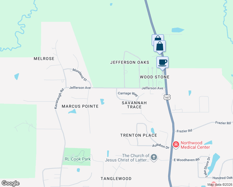 map of restaurants, bars, coffee shops, grocery stores, and more near 116 Savannah Trace in Ruston