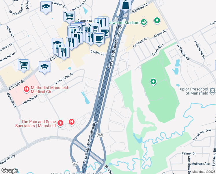 map of restaurants, bars, coffee shops, grocery stores, and more near 2825 North State Highway 360 in Grand Prairie