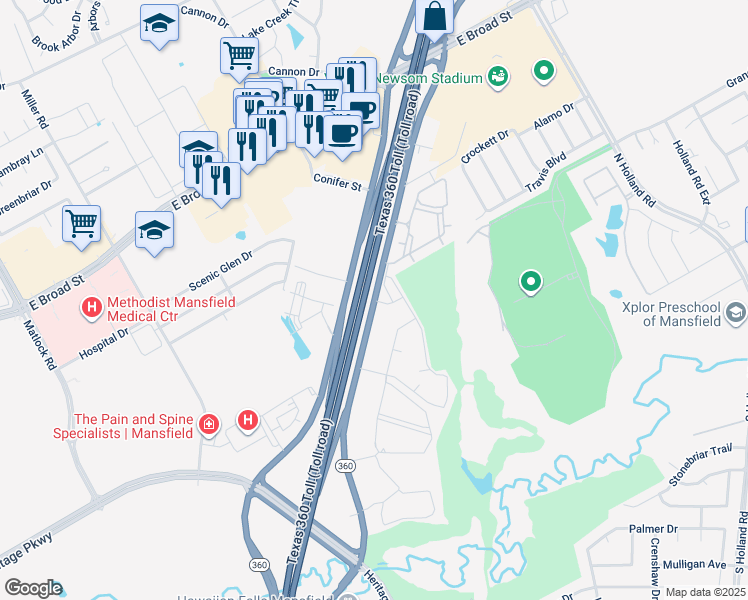 map of restaurants, bars, coffee shops, grocery stores, and more near 2825 Texas 360 in Grand Prairie