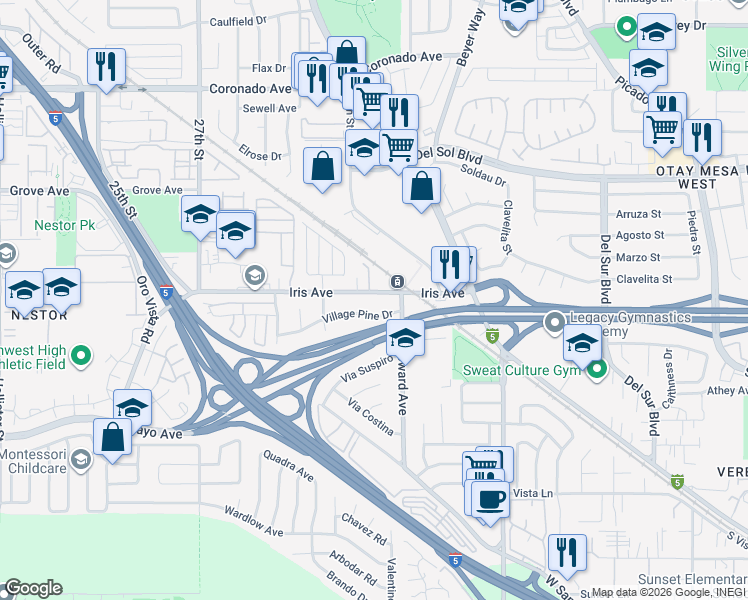map of restaurants, bars, coffee shops, grocery stores, and more near 3015 Iris Avenue in San Diego