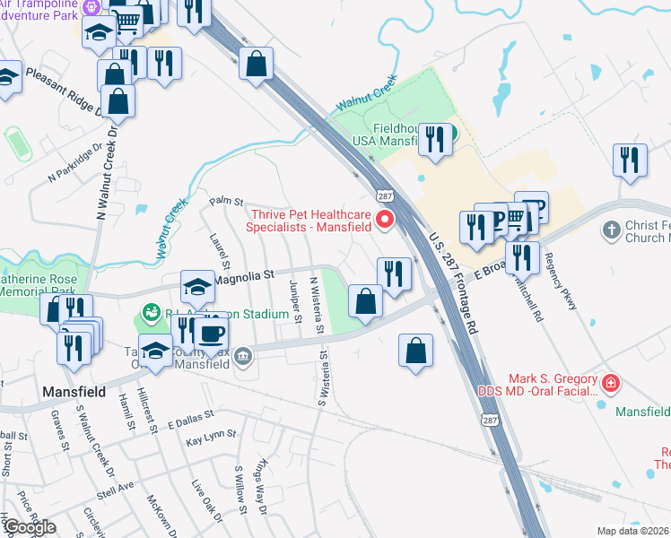 map of restaurants, bars, coffee shops, grocery stores, and more near 115 Magnolia Street in Mansfield